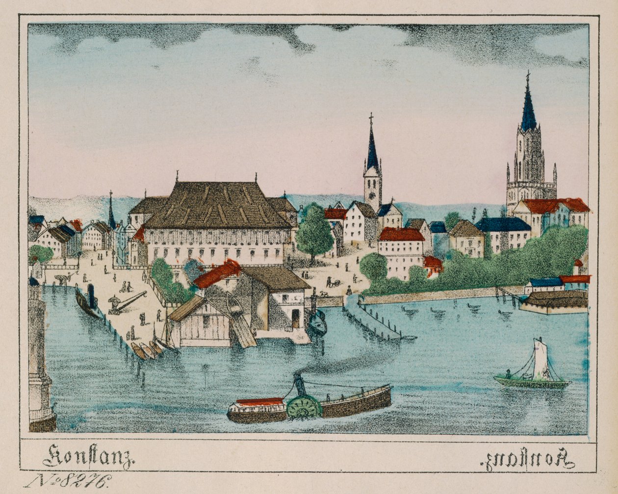Näkymä Constancesta, jossa näkyy satama, Konzil ja katedraali, Neuruppiner Bilderbogenista, 1830 tekijältä German School