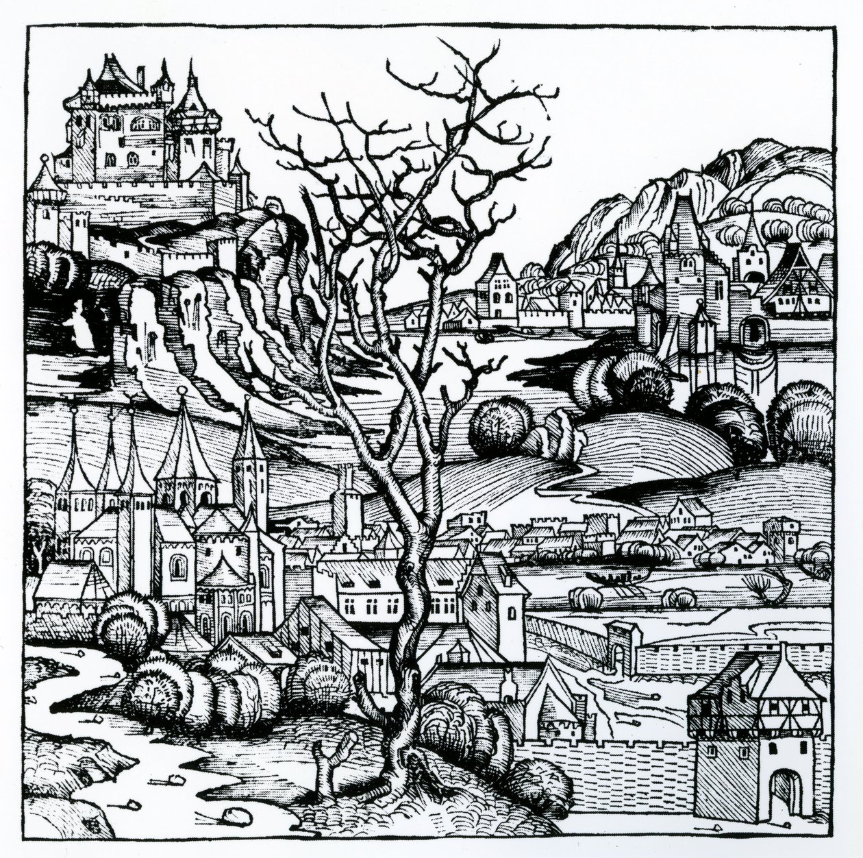 Näkymä Portugaliin Nürnbergin kronikasta 1493 (puupiirros) tekijältä German School