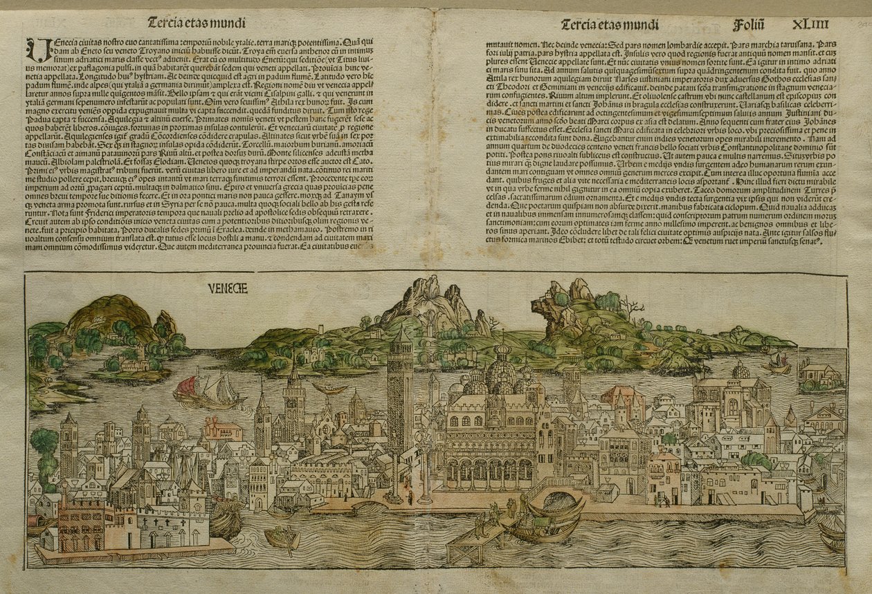 Näkymä Venetsiaan, kuvitus Nürnbergissä 1493 julkaistusta Hartmann Schedelin (1440-1514) Liber Chronicarumista tekijältä German School