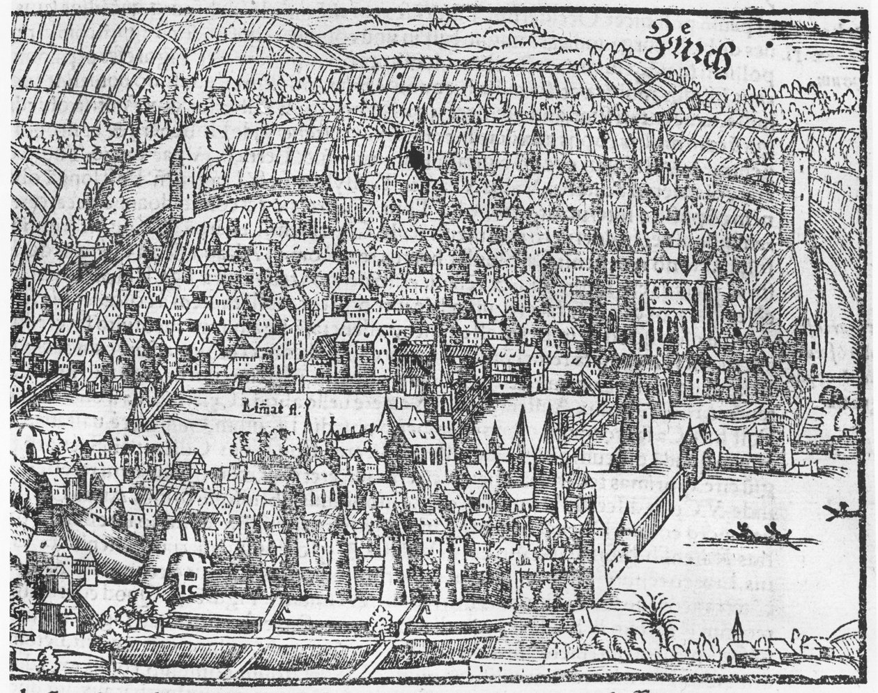 Näkymä Zürichistä, Cosmographie Universelle, Sebastien Munster (1488-1552) Basel, julkaistu 1559 tekijältä German School