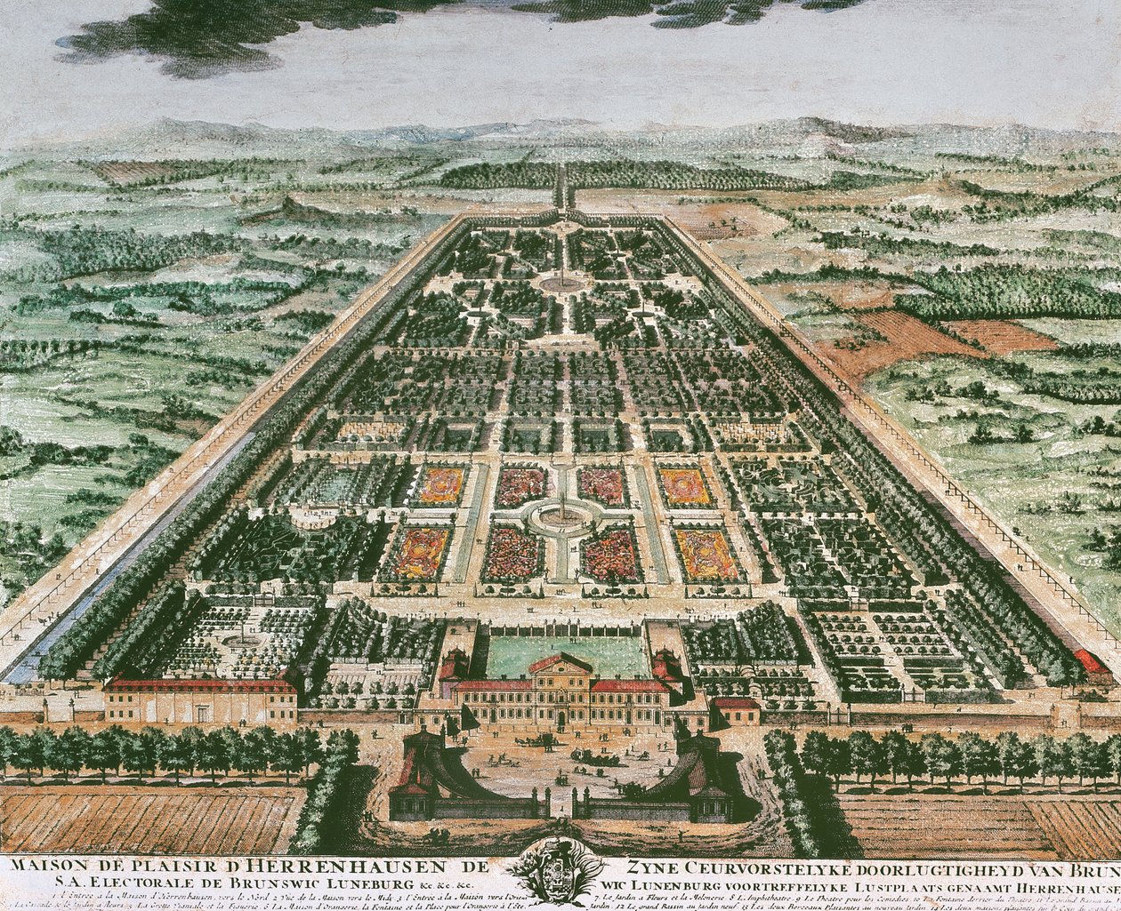 Näkymä Herrenhausenin linnan puutarhaan, noin 1708, väripainatus, Saksa tekijältä German School