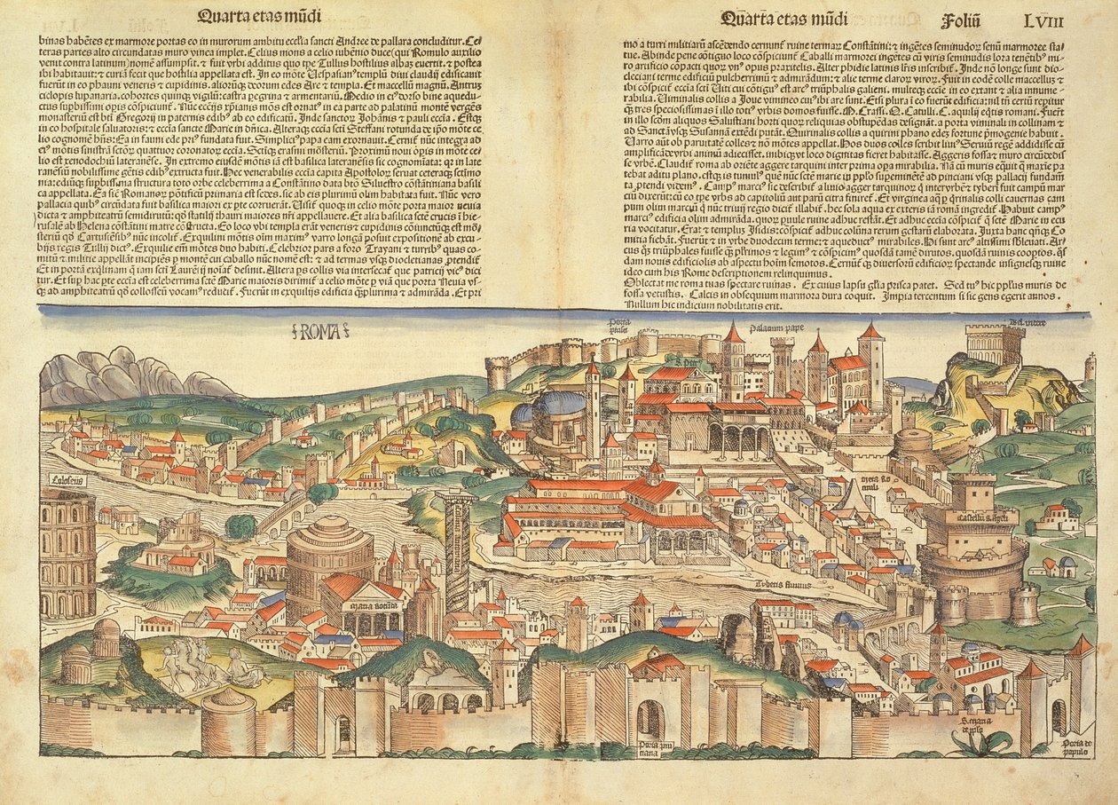 Näkymä Rooman kaupunkiin Hartmann Schedelin (1440-1514) Nürnbergin kronikasta 1493 tekijältä German School