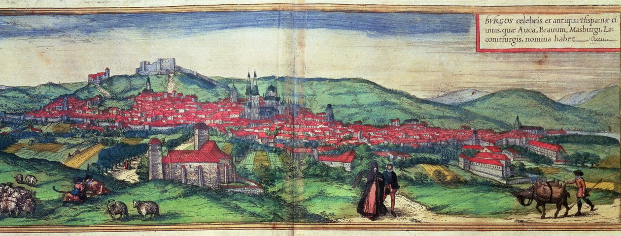 Näkymä Burgosin kaupunkiin Georg Braunin toimittamasta ja Franz Hogenbergin kaivertamasta teoksesta "Civites Orbis Terrarum" tekijältä German School