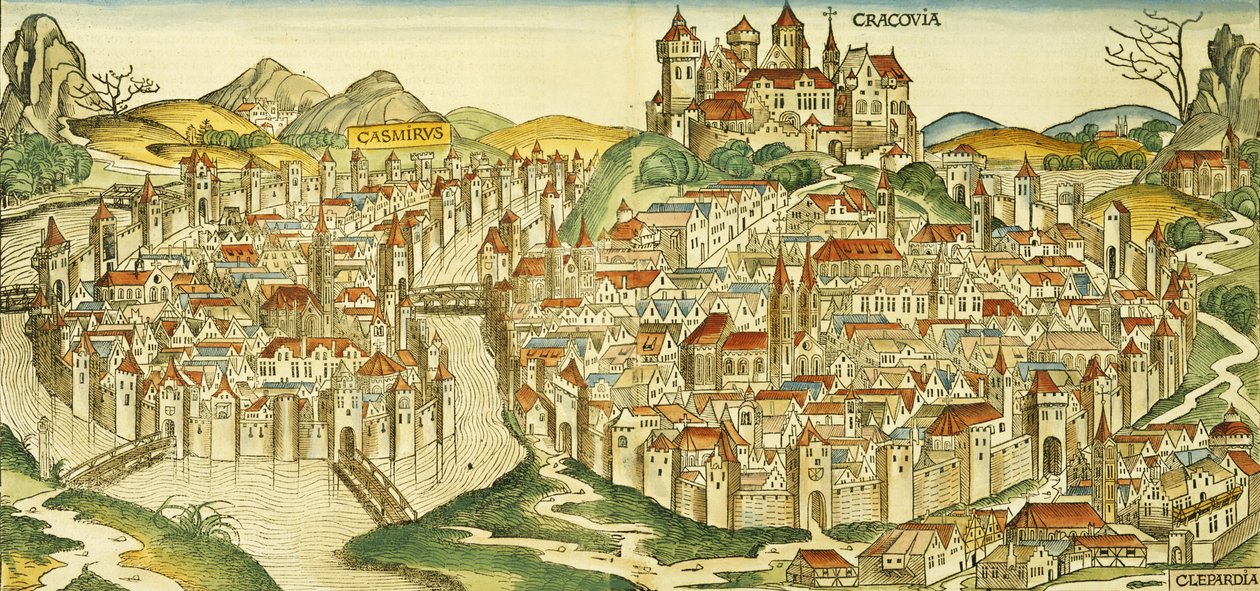 Näkymä Krakovan kaupunkiin (Krakova), Hartmann Schedelin (1440-1514) Nürnbergin kronikasta 1493 tekijältä German School