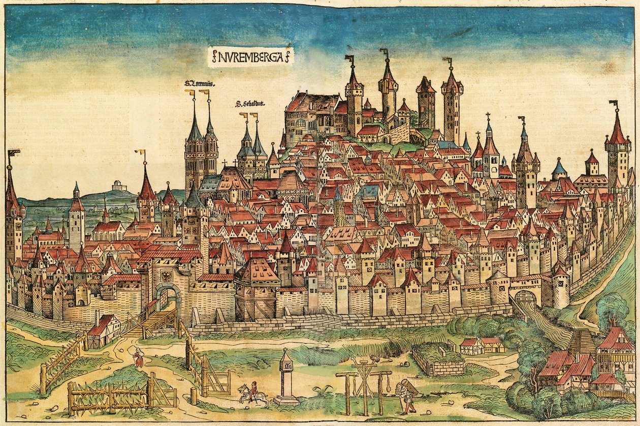 Näkymä Nürnbergin kaupungista, julkaistu Nürnberg Chroniclessa, 1493 tekijältä German School
