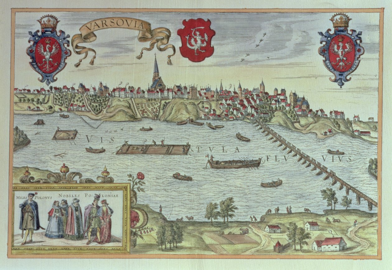 Näkymä Varsovan kaupunkiin Veiksel-joen rannalla, "Old European City Scenes" -kuvasta (kaiverrus) tekijältä German School