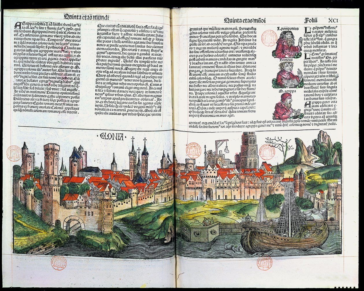 Näkymä Kölnin kaupunkiin, Hartmann Schedelin Nürnbergin kronikasta, 1493 (väripuukaiverrus) tekijältä German School
