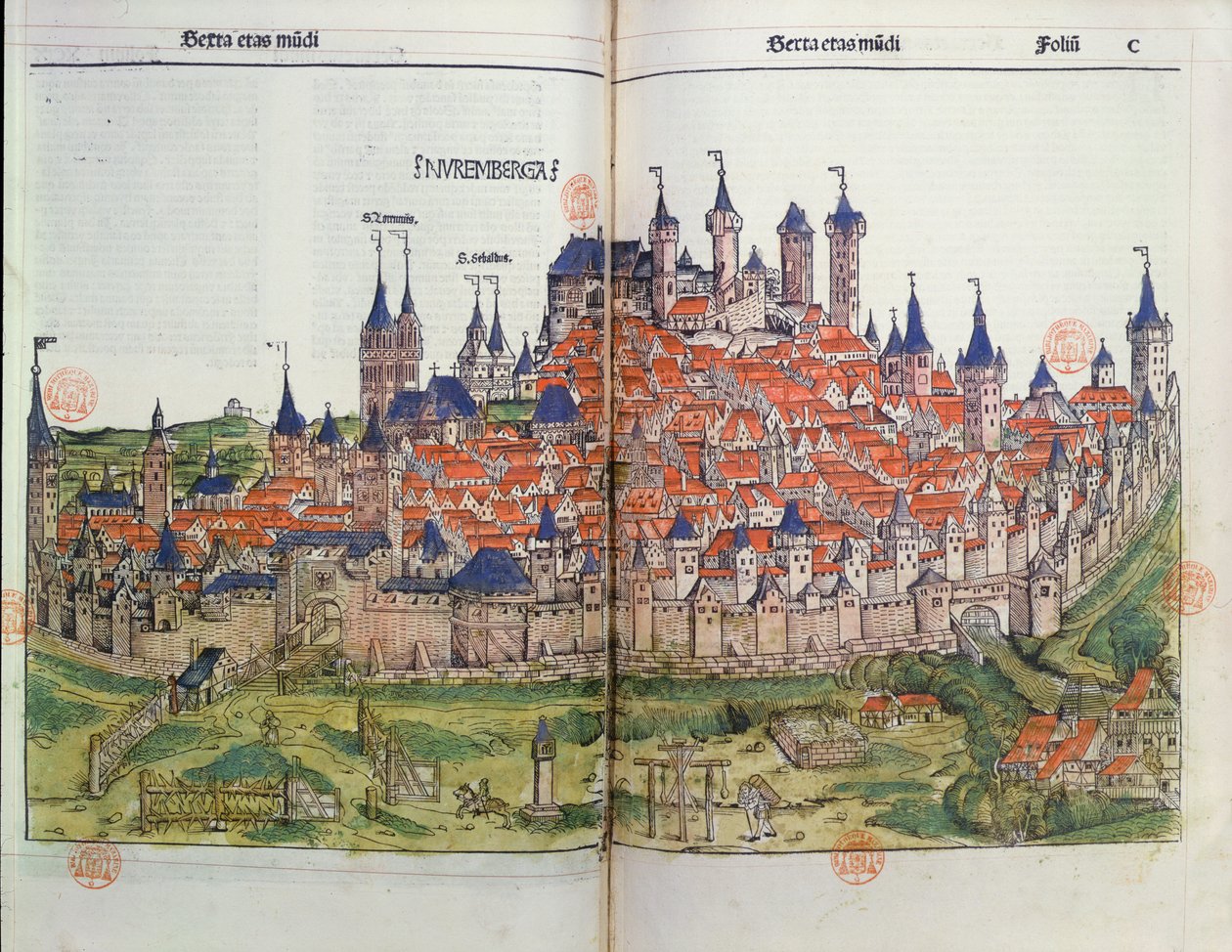 Näkymä Nürnbergin kaupunkiin Hartmann Schedelin (1440-1514) Nürnbergin kronikasta 1493 (värillinen puupiirros) tekijältä German School