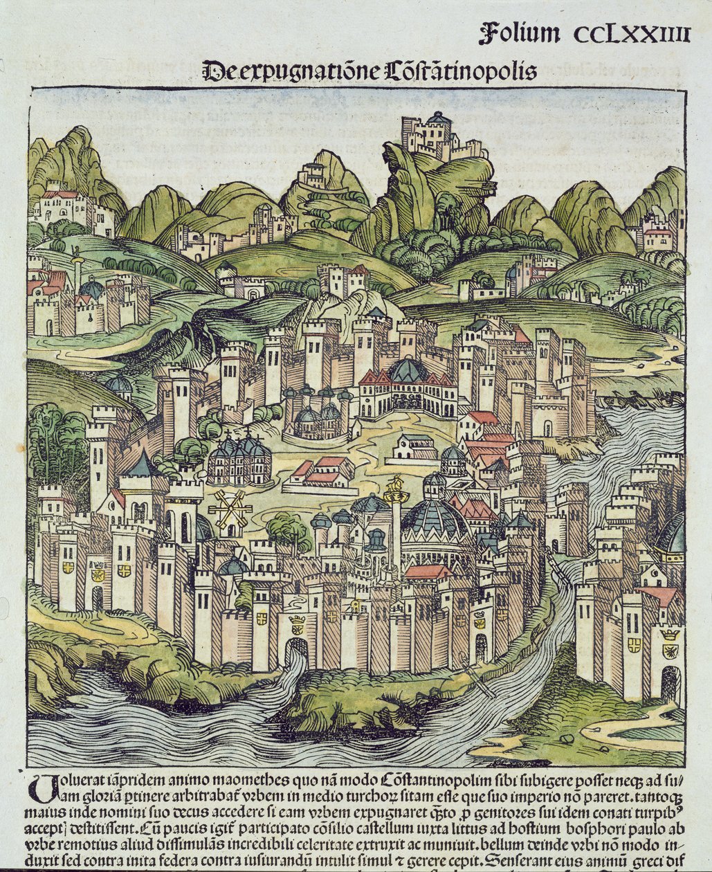 Näkymä muurien ympäröimään Konstantinopolin kaupunkiin, Hartmann Schedelin (1440-1514) Nürnbergin kronikasta 1493 (puupalikka) tekijältä German School