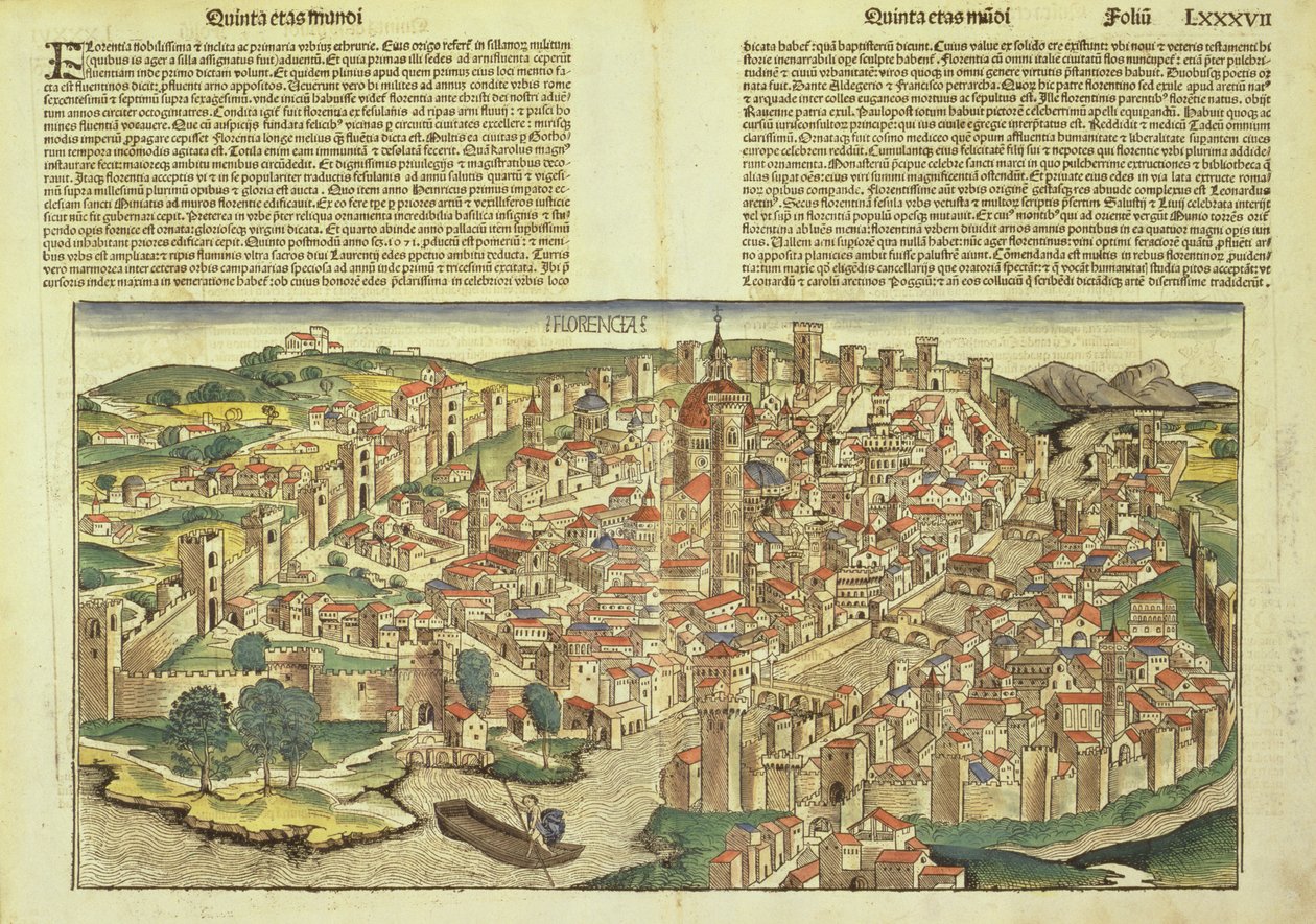 Näkymä Firenzen muurien ympäröimään kaupunkiin, Hartmann Schedelin (1440-1514) Nürnbergin kronikasta 1493 tekijältä German School