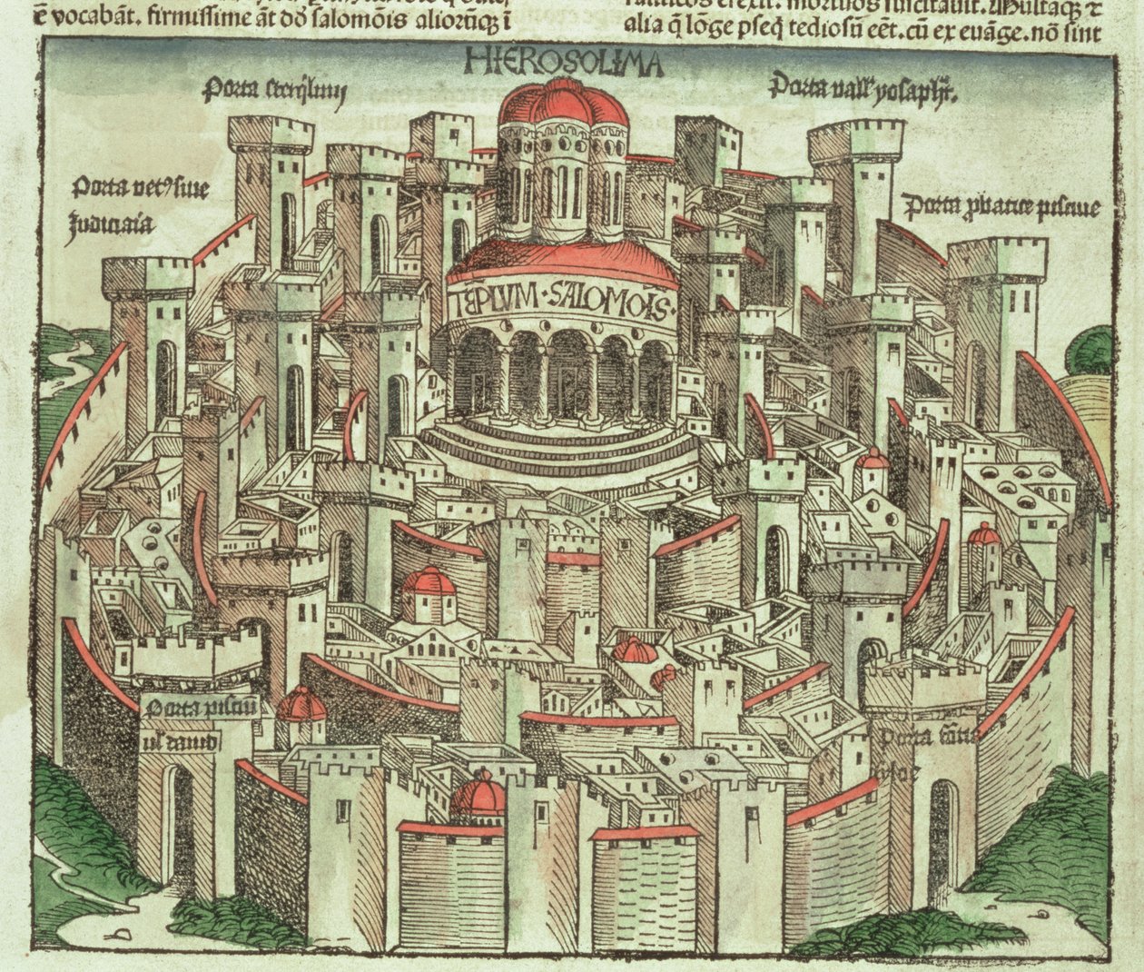 Näkymä muurien ympäröimään Jerusalemin kaupunkiin, jossa näkyy Salomonin temppeli ja kaupungin portit, Hartmann Schedelin (1440-1514) Nürnbergin kronikasta 1493 tekijältä German School