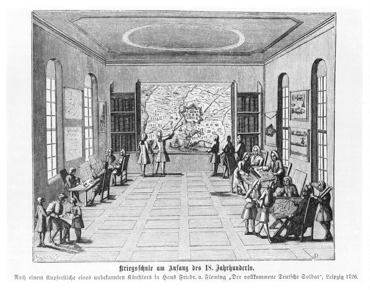 Sotakoulu, kuvitus Hans Friedrich van Flemingin kirjasta "Der vollkommene Deutsche soldat", 1726, julkaistu Leipzigissä tekijältä German School