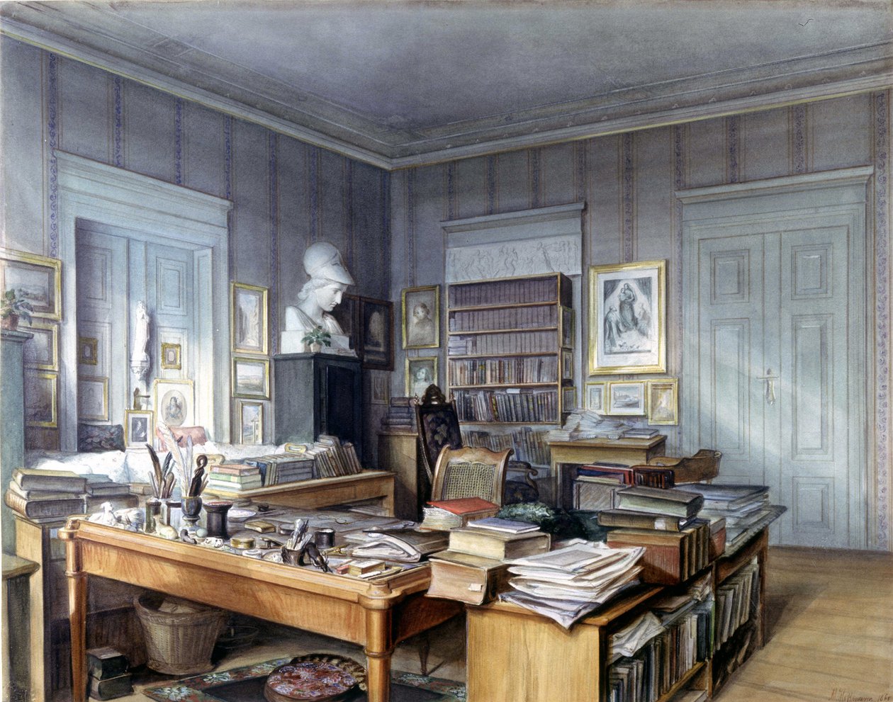 Wilhelm Grimmin (1786-1859) työhuone Berliinissä, 7 Linkstrasse. Kaiverrus herra Hoffmann. Nationalmuseum, Nürnberg. 1860. tekijältä German School