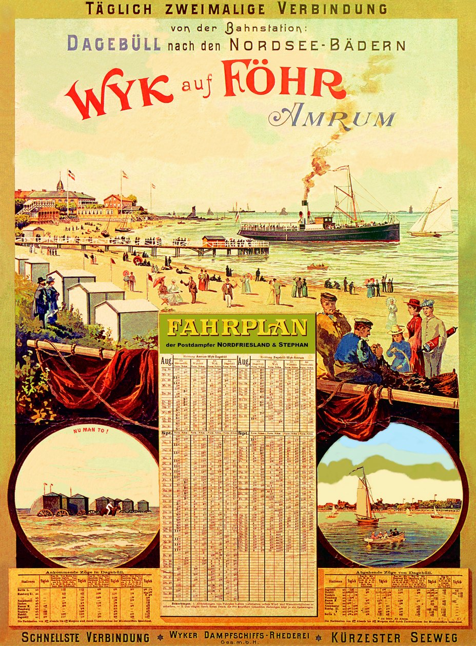 Wyk auf Fohr, juliste, joka mainostaa Wyk Steam Shipping Companya, 1897 tekijältä German School