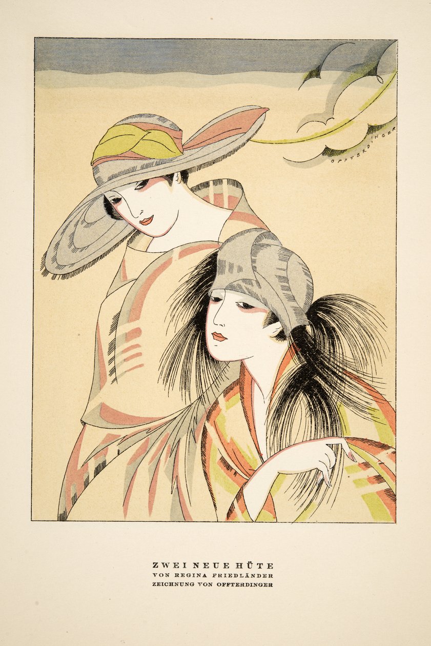 Zwei Neue Hute, Regina Friedlander, kustantamosta Styl, julkaisu 1922 (pochoir-painatus). tekijältä German School
