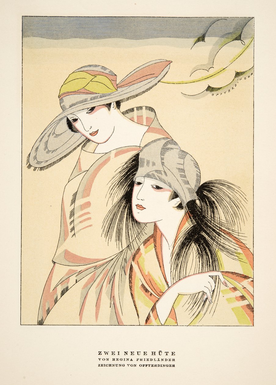 Zwei Neue Hute, Regina Friedlander, kustantamosta Styl, julkaisu 1922 (pochoir-painatus). tekijältä German School