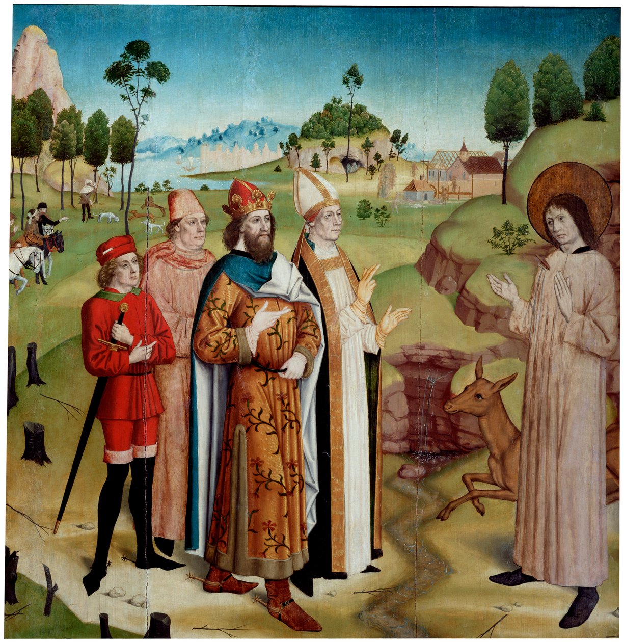 Saint Giles ja kuningas Wamba kuninkaallisilla metsästyksellä, n. 1470-1480. tekijältä German master.