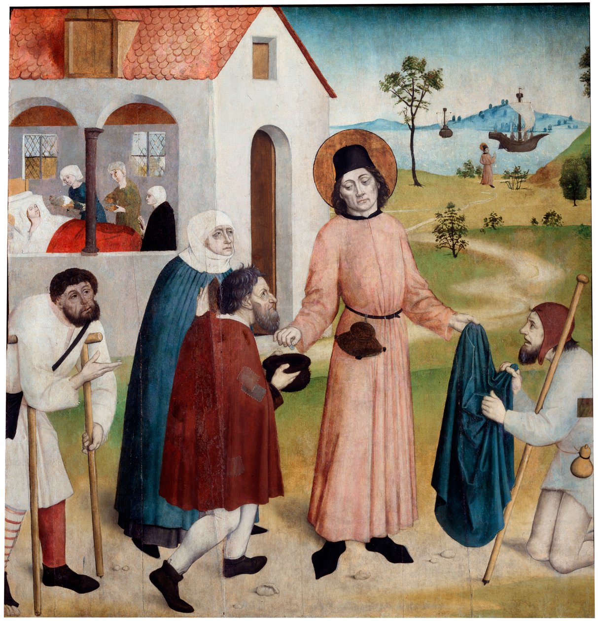 Saint Giles jakaa omaisuuttaan köyhille, n. 1470-1480. tekijältä German master.