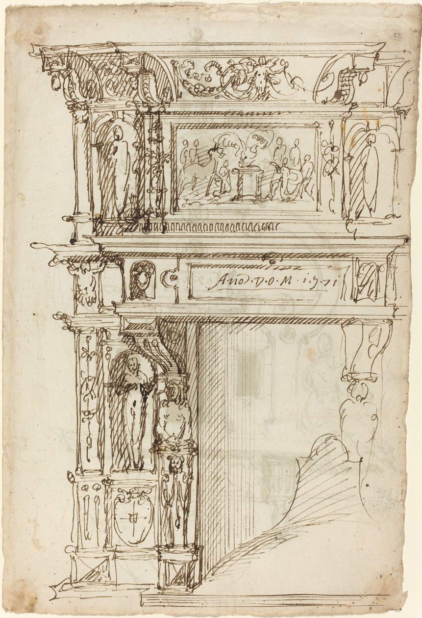 Revestiment de la xemeneia palatina amb una escena de sacrifici antic [recto]finlandès tekijältä German or Austrian 16th Century