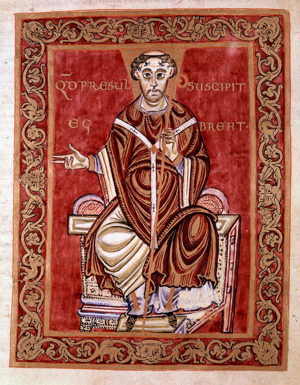 Eveque Egbert de Treves saa psalterin munkki Rudprechtin käsistä (ei esitetä tässä) - Reichenaun koulun Egbertin koodeksin (Codex Egberti) pienoismalli, 980 - Cividale del friuli, museo archeologico tai Cathedrale de Civid tekijältä German School
