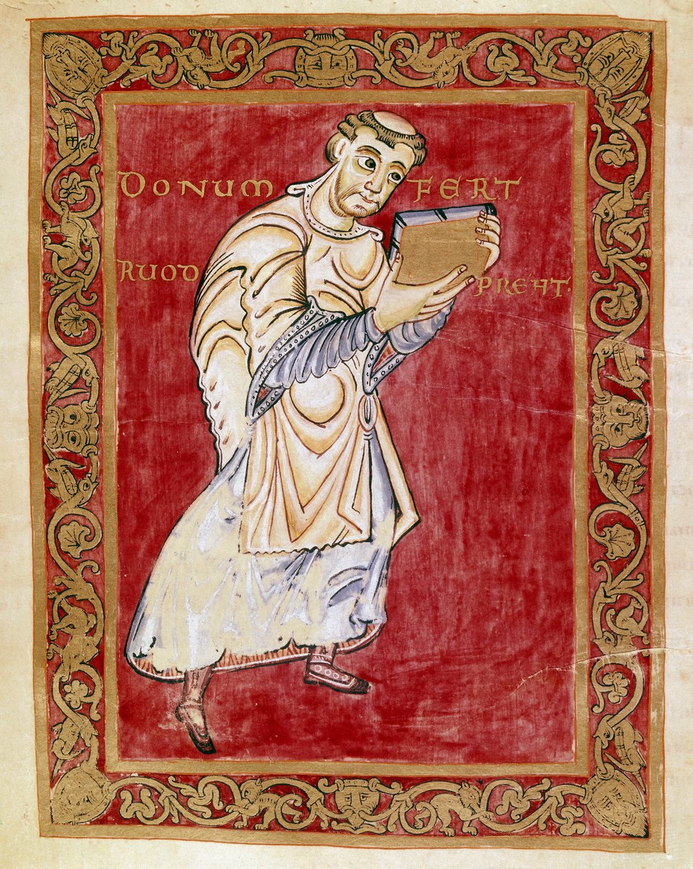 Munkki Ruodprecht vie käsikirjoituksen arkille Egbert de Treves (977-993) Reichenaun koulun Egbertin koodeksin (Codex Egberti) pienoismalli. Cividale del Friuli, Museo Archeologico tai Cathedrale de Cividale tekijältä German School