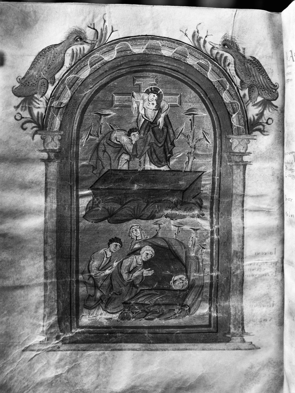 f.234v, Laskeutuminen ristiltä ja opetuslasten käynti haudalla, Liuthar-Evangeliar / Otto-Evangeliar, n.990 (tempera vellum) tekijältä German School