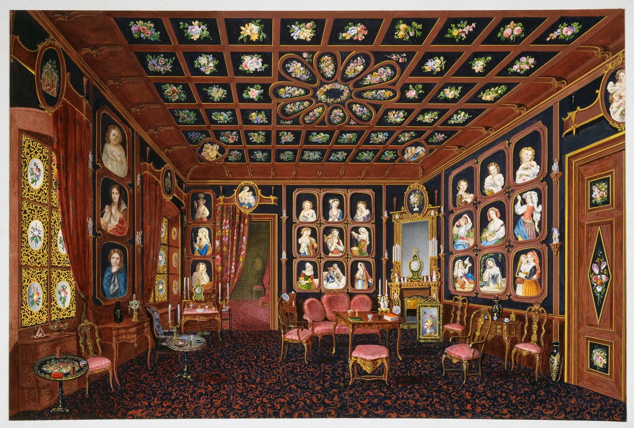 Keskusteluhuone Villa Lazarovichissa, Maximilian of Habsburgin (1832-1867) asuinpaikka Triestessä, tempera Germano Prosdocimi tekijältä Germano Prosdocimi