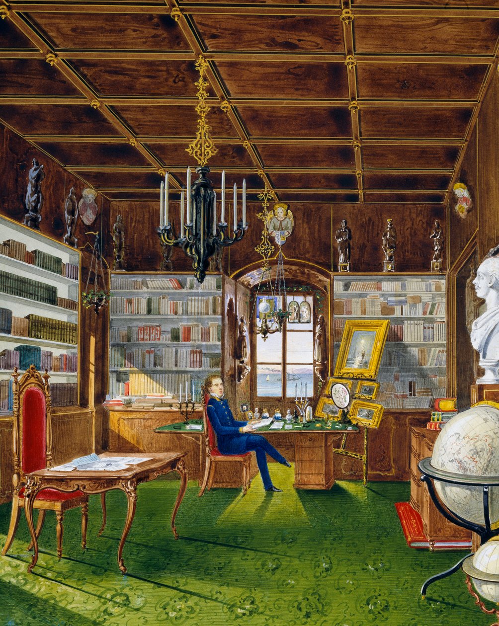 Kirjasto Villa Lazarovichissa, Maximilian of Habsburgin (1832-1867) asuinpaikka Triestessä, tempera Germano Prosdocimi tekijältä Germano Prosdocimi