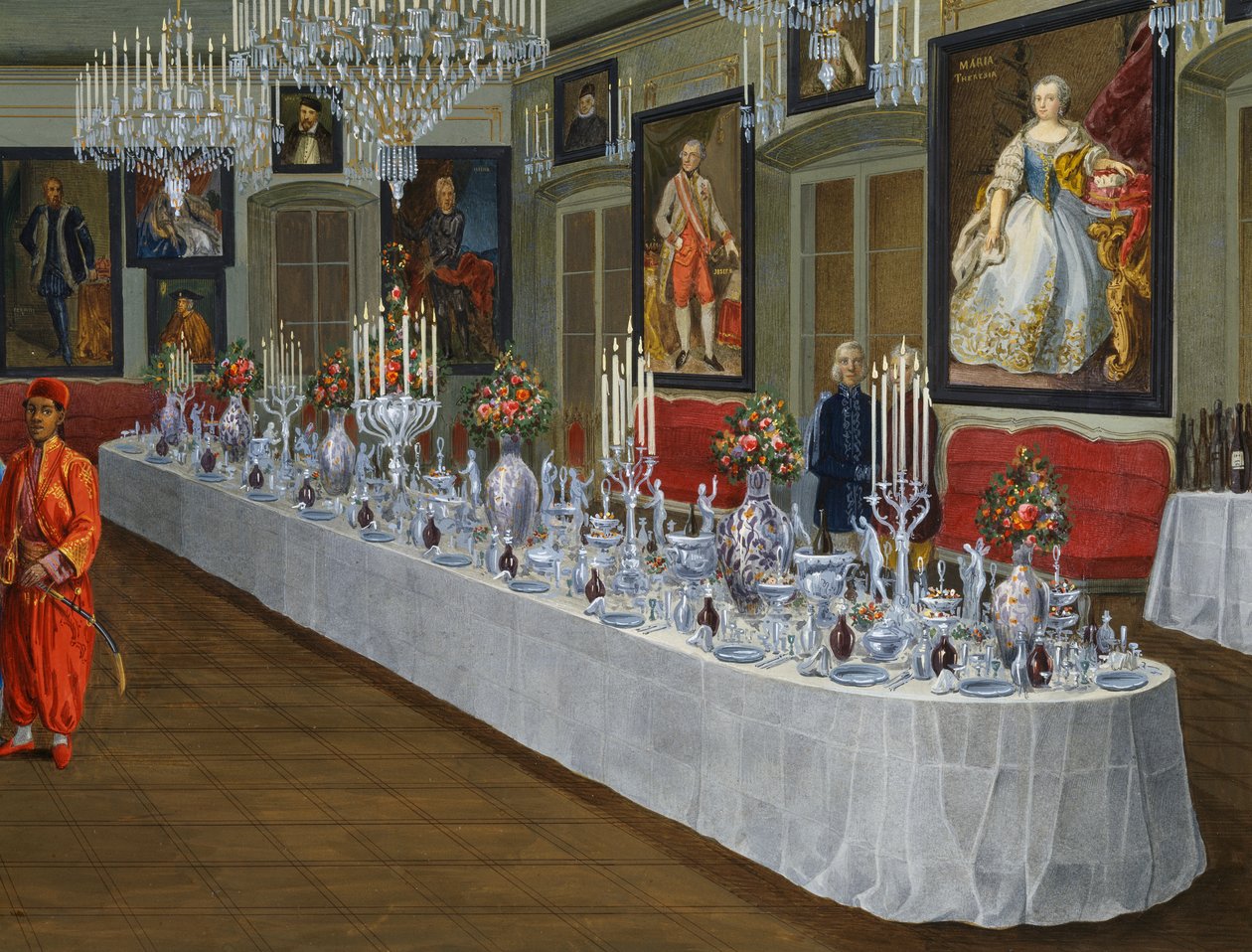 Ruokasali, jossa on sarja Habsburgien keisarien muotokuvia, Josef Kissin maalaus, Villa Lazarovich, Habsburgin Maximilianuksen (1832-1867) asuinpaikka Triestissä, Germano Prosdocimin tempera tekijältä Germano Prosdocimi
