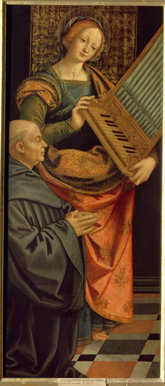 Pyhä Cecilia Roomalainen (3. vuosisata) (Saint Cecilia). Kantamassa urua, munkki polvistuu rukouksessa jalkojensa juuressa. Gerolamo Giovenonen (1490-1555) maalaus, tempera puulle, vuoden 1530 jälkeen. Italialainen taide (Milano) tekijältä Gerolamo Giovenone