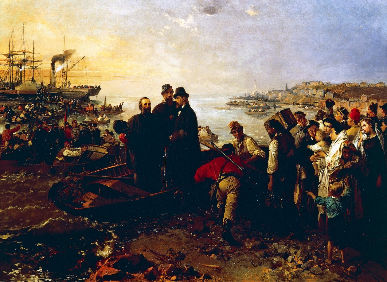 Boarding of the Thousand at Quarto, noin 1860, kirjoittanut Gerolamo Induno (1825-1890), öljy kankaalle tekijältä Gerolamo Induno