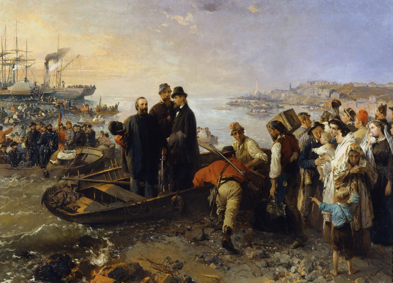 Garibaldi tuhannen kanssa lähtee Quartosta (Genes) Marsalaan (Sisilia) vuonna 1870, n.d (öljy kankaalle) tekijältä Gerolamo Induno