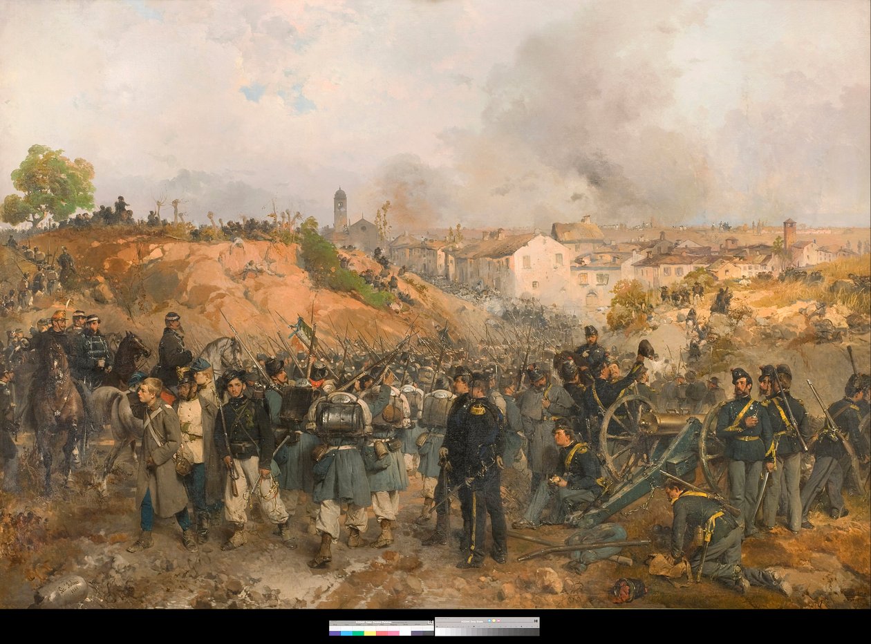 Risorgimento, Italian toinen itsenäisyyssota: Palestron taistelu 30.5.1859 Itävallan keisarikunnan ja Sardinian-Piemonten kuningaskunnan ja Ranskan yhdistettyjen joukkojen välillä Gerolamo Indunon (1825-1890) maalaus 1860 Yksityiskokoelma 1860 tekijältä Gerolamo Induno