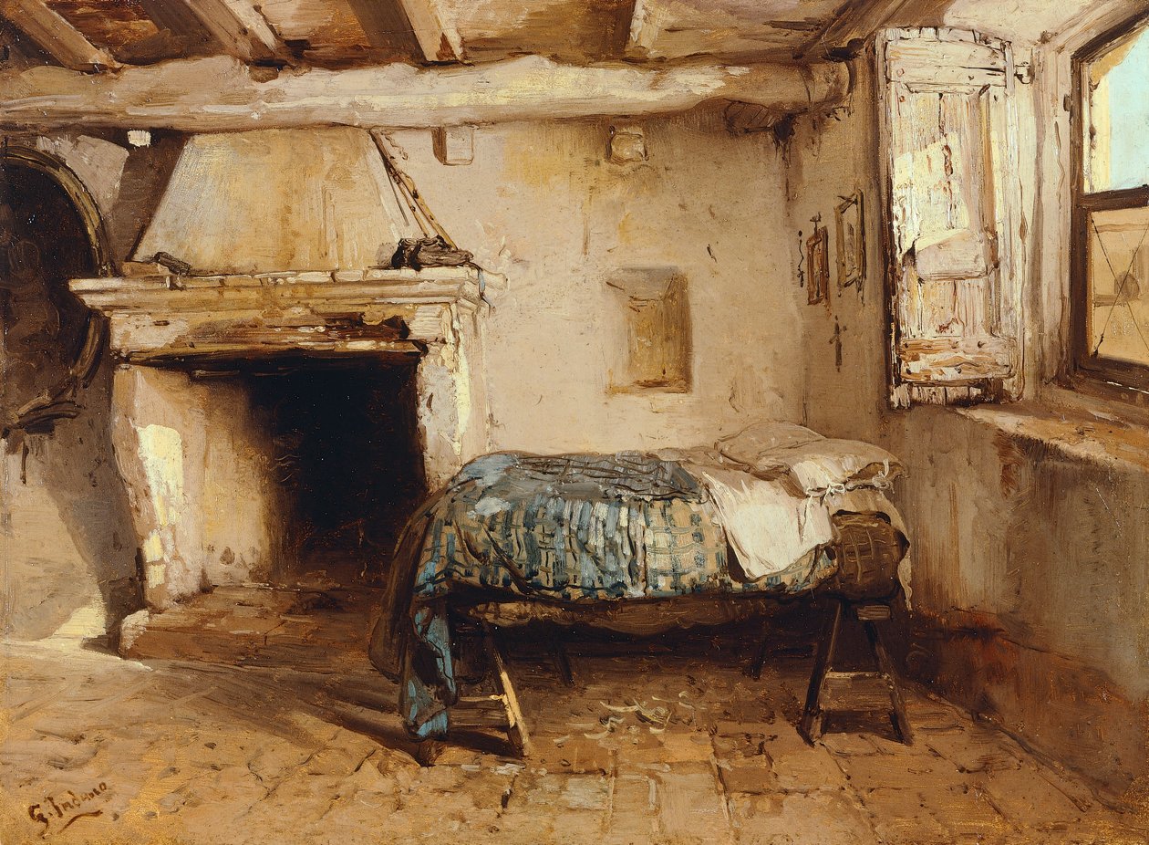 Maalaismainen sisustus, Gerolamo Induno (1825-1890), öljy puulle, 27,5 x 37,7 cm. tekijältä Gerolamo Induno