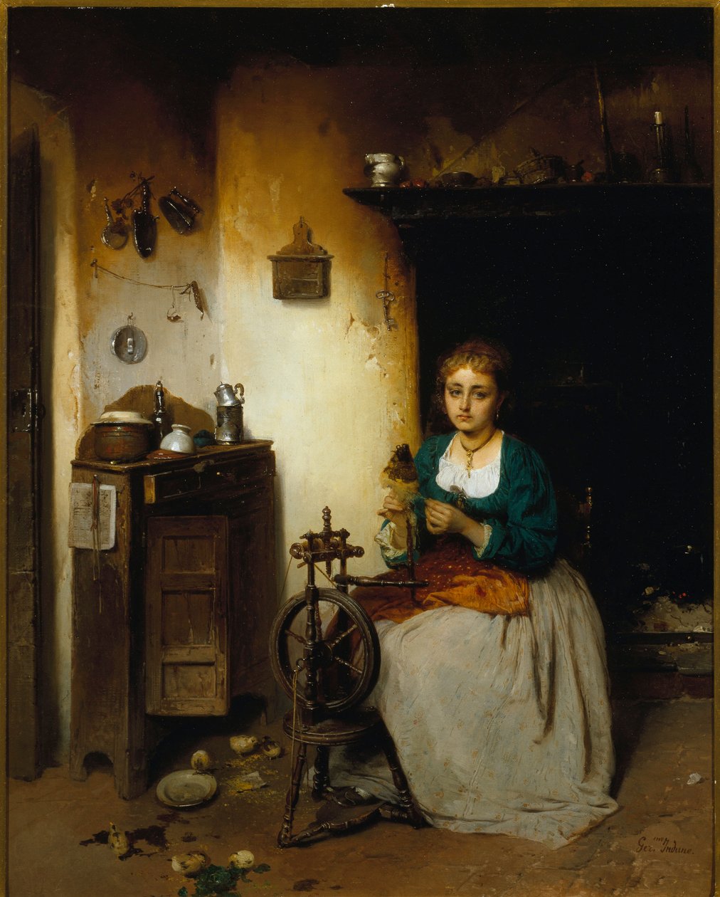 Nuori nainen kehrää villaa, hänen ilmeensä on surullinen ja sisustuksensa kurja. Maalaus Gerolamo (Girolamo) Induno (1825-1890) Dim. 65x52 cm Genes Nervi, Galleria d