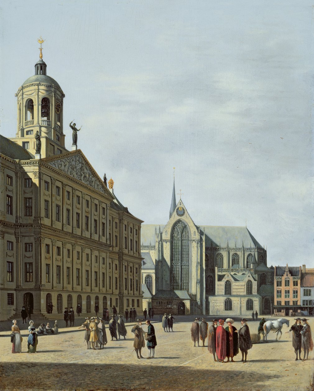Näkymä Amsterdamissa Stadhuisin ja Nieuwe Kerkin julkisivulla tekijältä Gerrit Adriaensz Berckheyde