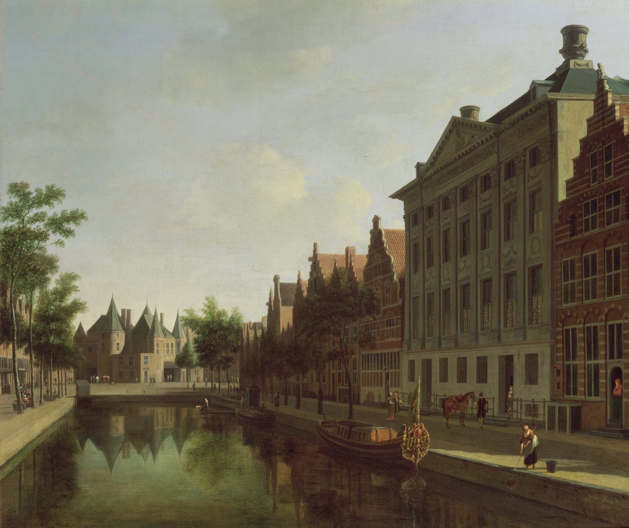 Näkymä Amsterdamin Kloveniersburgwalille, Waagille ja proomulle ankkuroituna Trippenhuisin eteen oikealle, 1685 tekijältä Gerrit Adriaensz Berckheyde