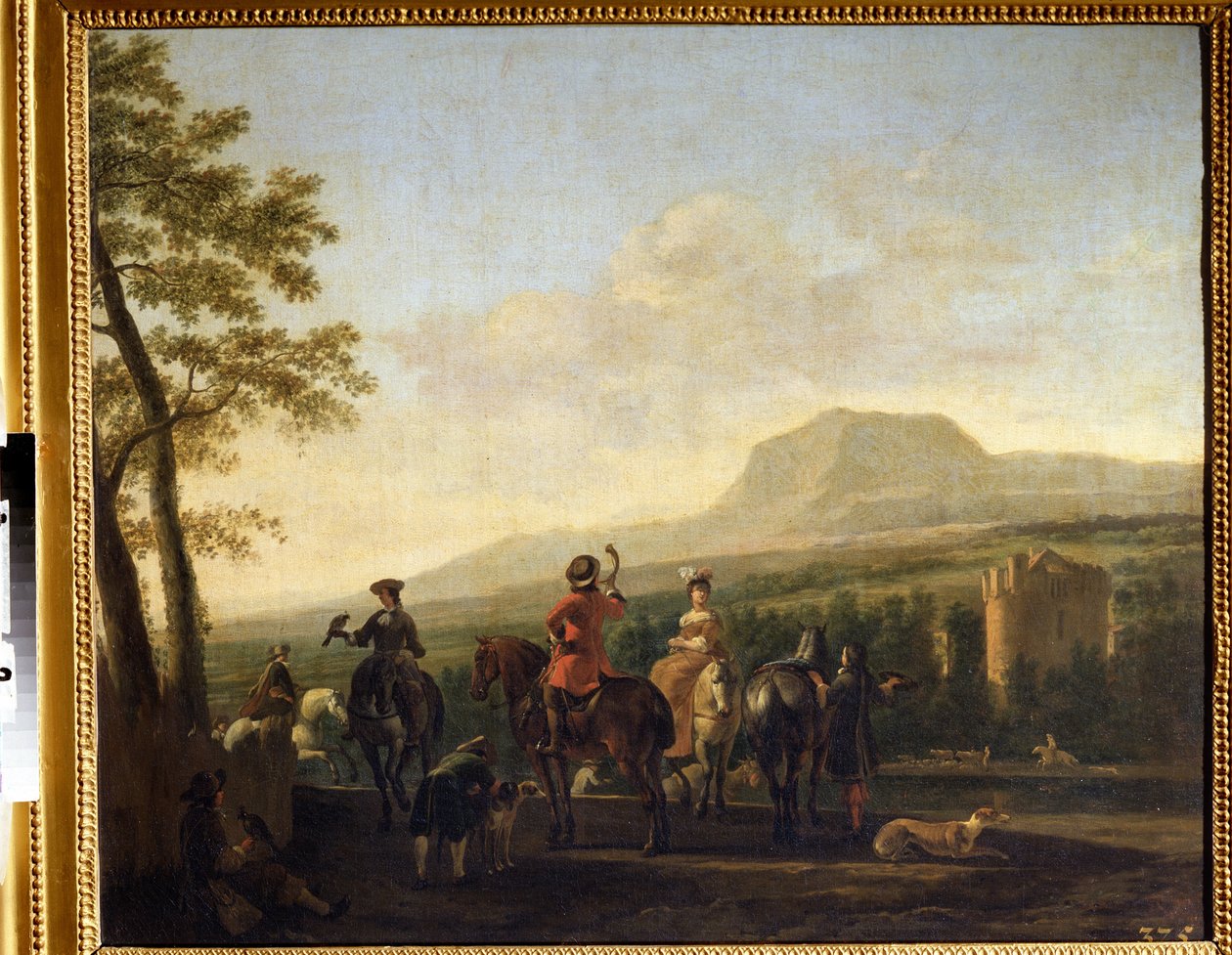 "Haukkametsästys" (Falconry) Gerrit Adriaensz Berckheyden (1638-1698) maalaus 1600-luvun Pushkin-museo Moskova tekijältä Gerrit Adriaensz Berckheyde