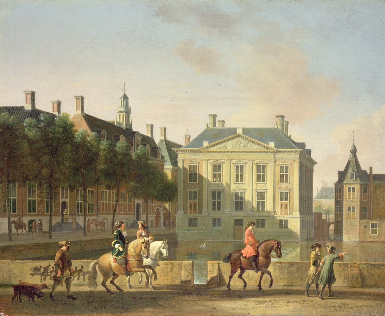 Mauritshuit Langevijverburgista Haagista hawking-bileillä etualalla tekijältä Gerrit Adriaensz Berckheyde