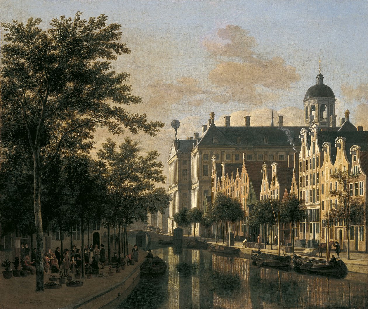 Nieuwezijds Voorburgwal ja kukkatori, Amsterdam tekijältä Gerrit Adriaensz Berckheyde