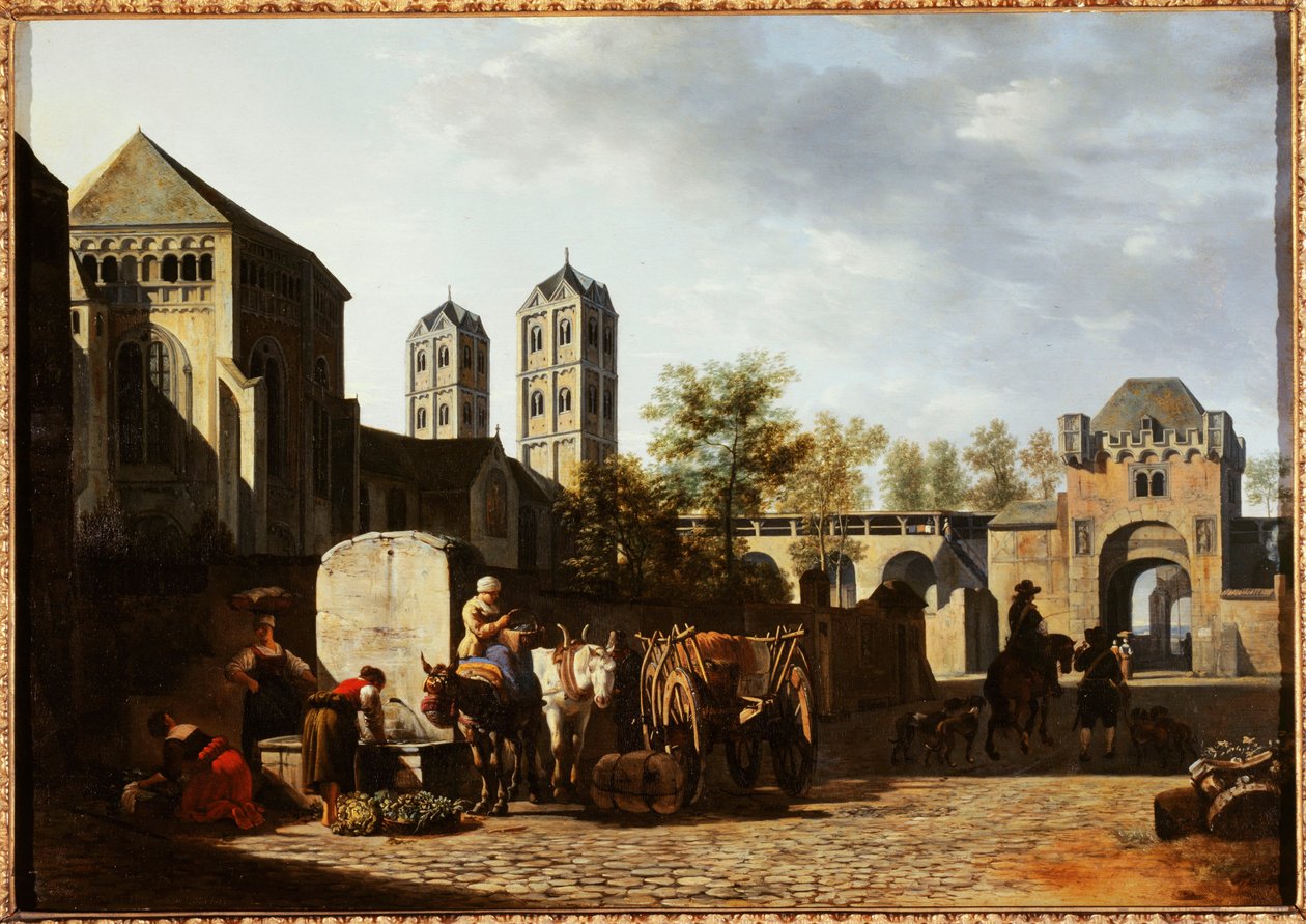 Ranska: Fontaine publique et église Saint-Géréon à Cologne (julkinen kirkko ja kirkko Saint-Géréon Kölnissä) tekijältä Gerrit Adriaenszoon Berckheyde