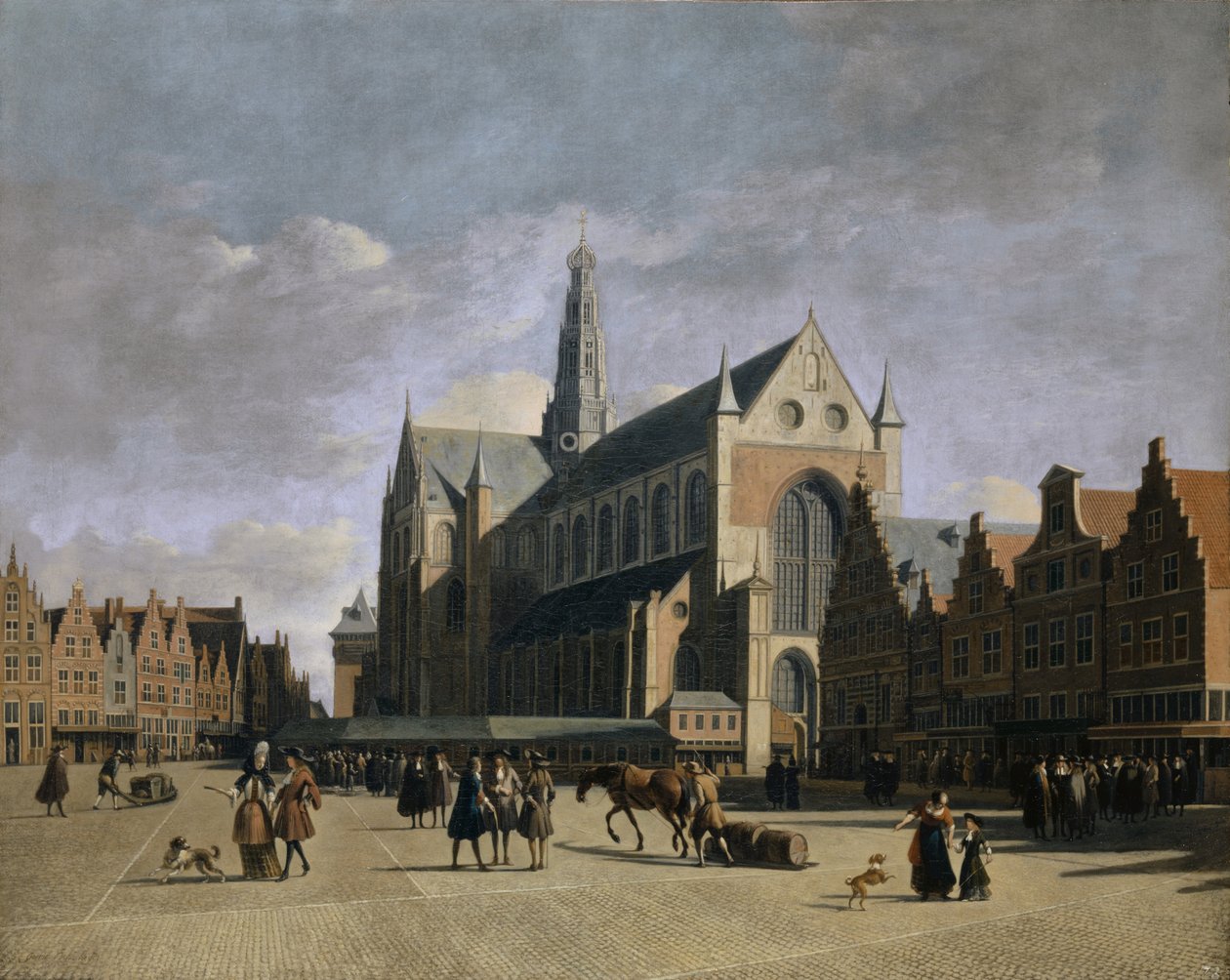 Näkymä Grote Marktille ja Grote Kerk tai St.-Bavokerk kirkkoon Haarlemissa. tekijältä Gerrit Adriaenszoon Berckheyde