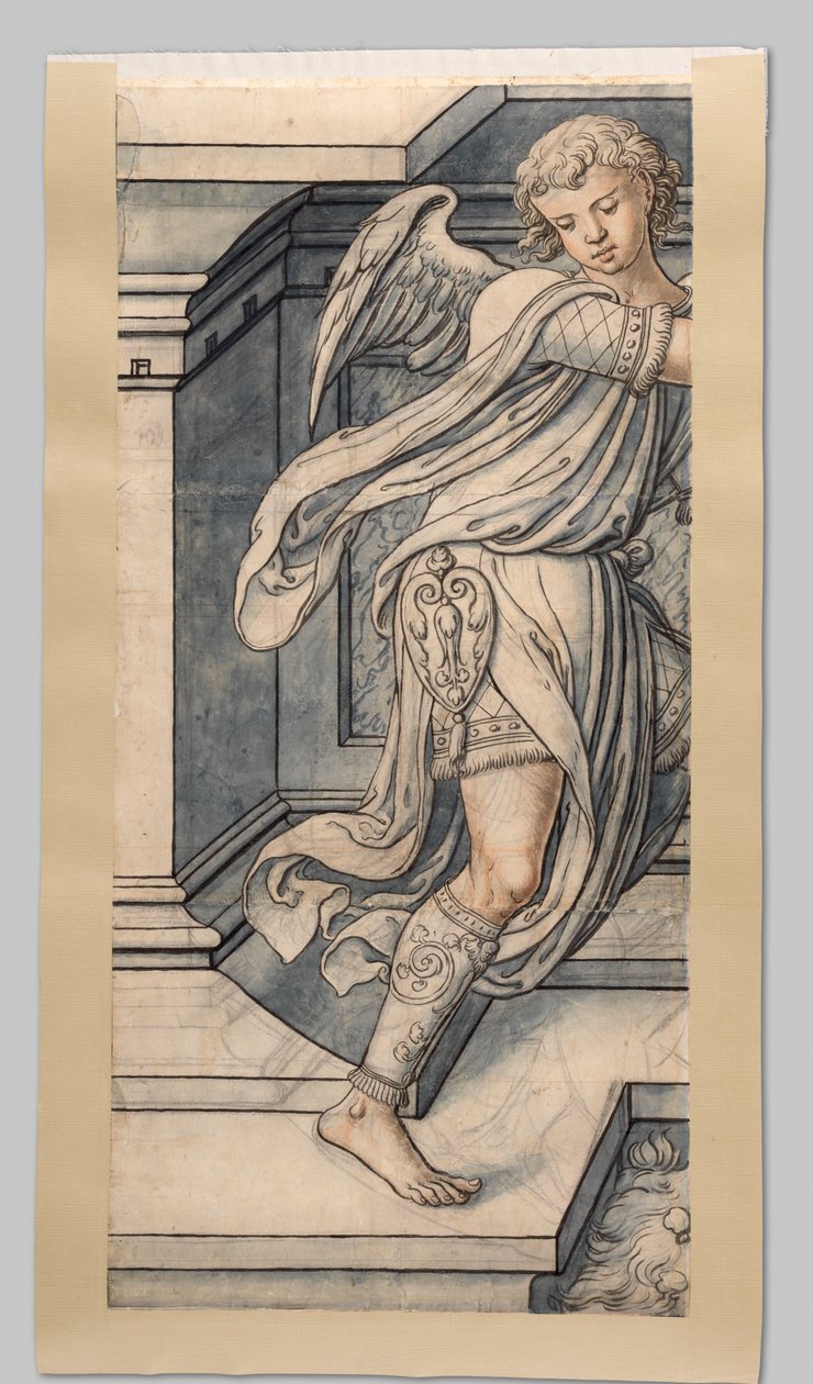 Enkeli. Joris van Egmondin (Utrechtin piispa 1535-1559) Haarlemin Sint Bavo -kirkon pahvipalat länsijulkisivun lasimaalaukseen tekijältä Gerrit Boels (workshop of)