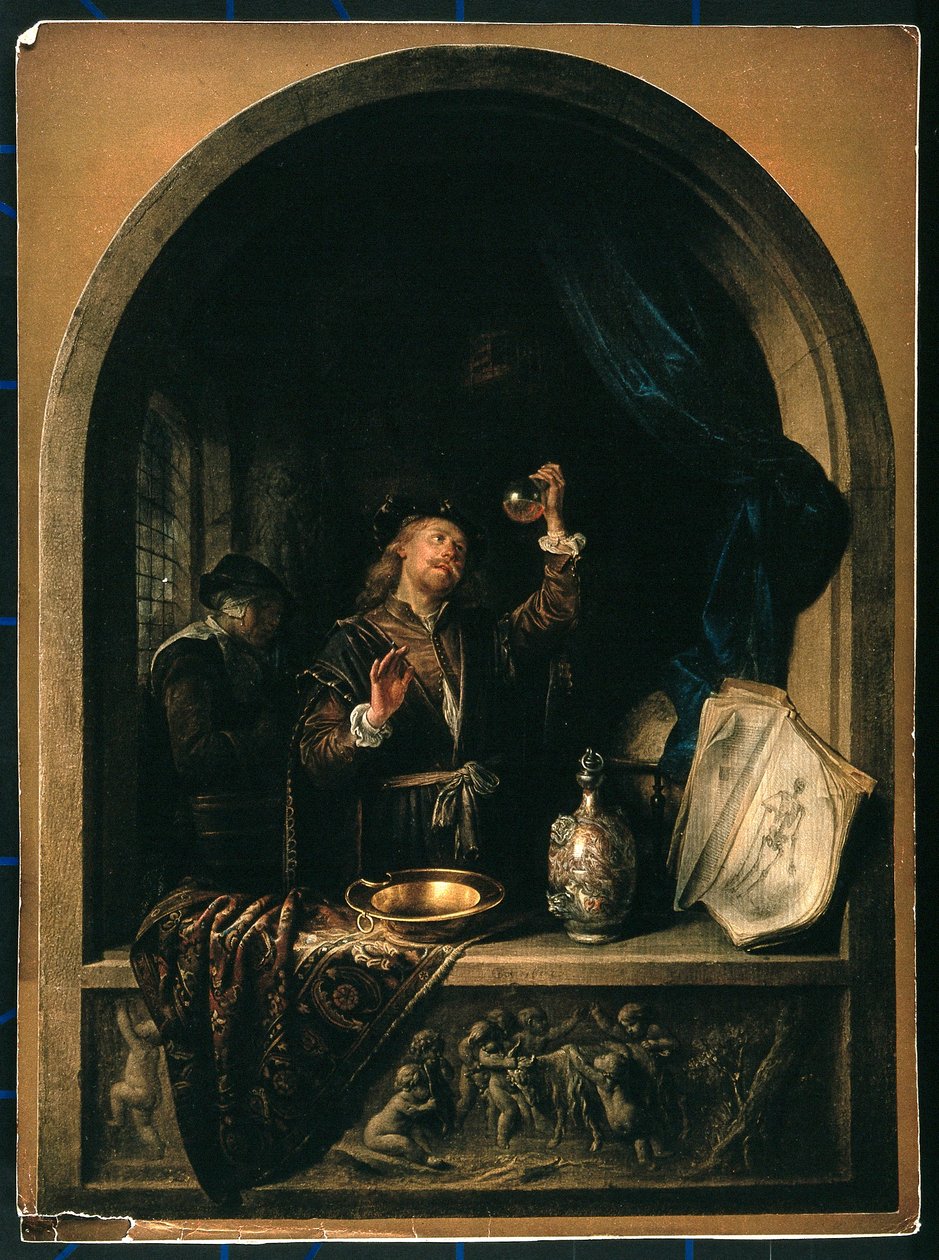 Lääkäri tutkii iäkkään naisen virtsanäytettä. tekijältä Gerrit Dou