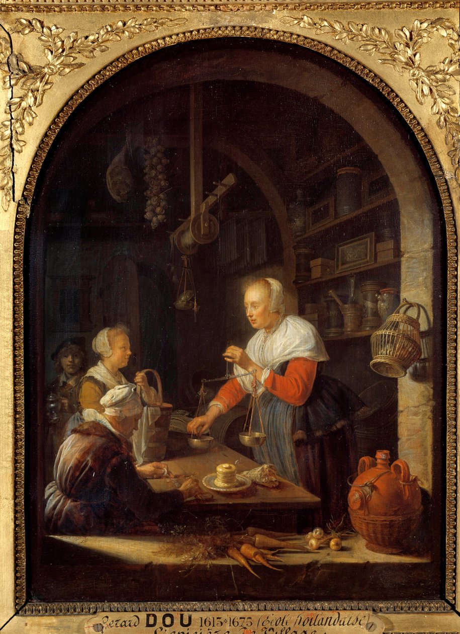Kylän ruokakauppa (taustalla maalarin muotokuva) Gerard Doun maalaus (1613-1675) 1647 Su. 0,38x0,29 m tekijältä Gerrit Dou