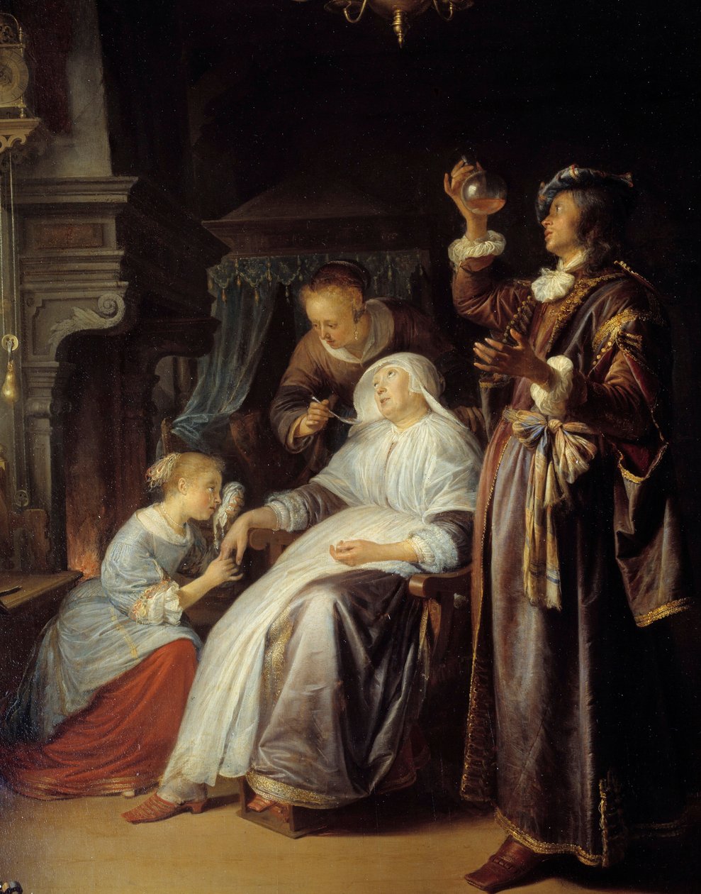 Hydraulinen nainen. Lääkäri tutkii vesitautia sairastavan naisen virtsan. Yksityiskohta. Gerard Doun (1613-1675) maalaus tekijältä Gerrit Dou