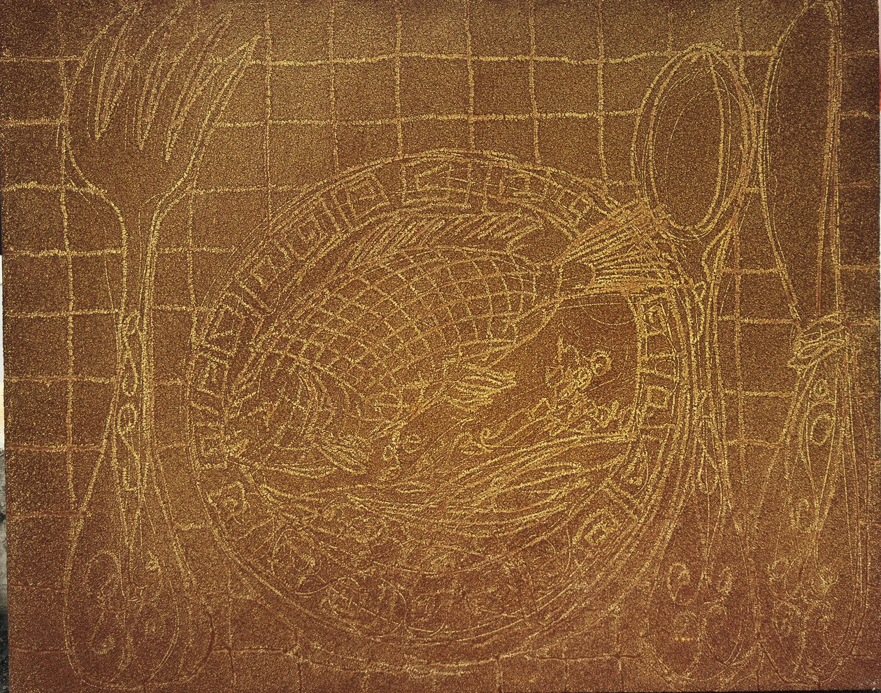 Visdiner (Still Life with Fish Plate). 2010 (hiekka ja akryyli kankaalle) tekijältä Gerrit Greve