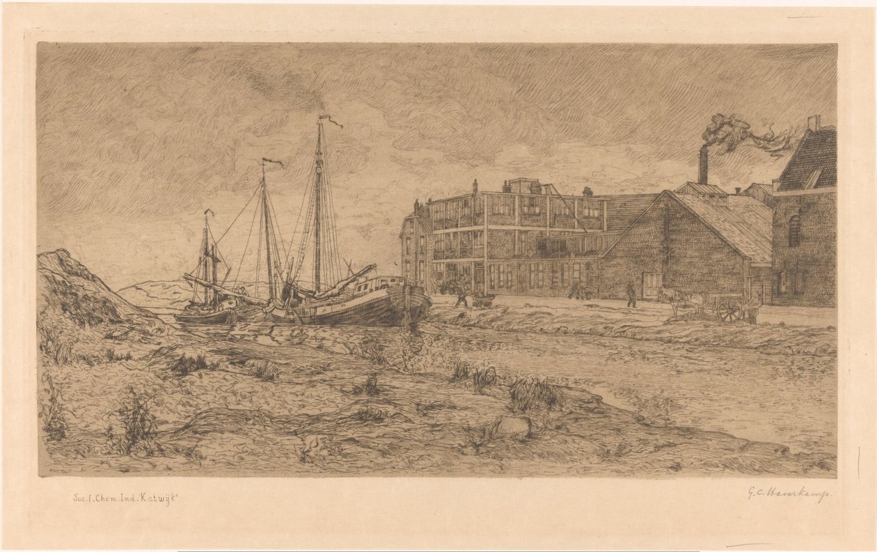 Ankkuroidut proomut tehtaalla tekijältä Gerrit Haverkamp (signed by artist)