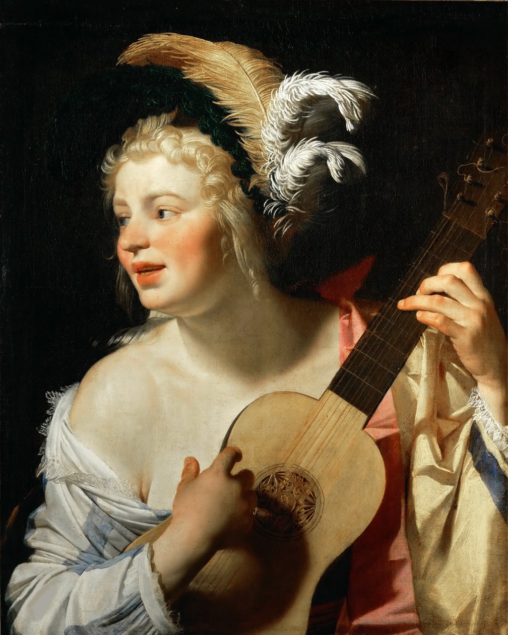 Nainen soittamassa kitaraa, 1624. tekijältä Gerrit van Honthorst