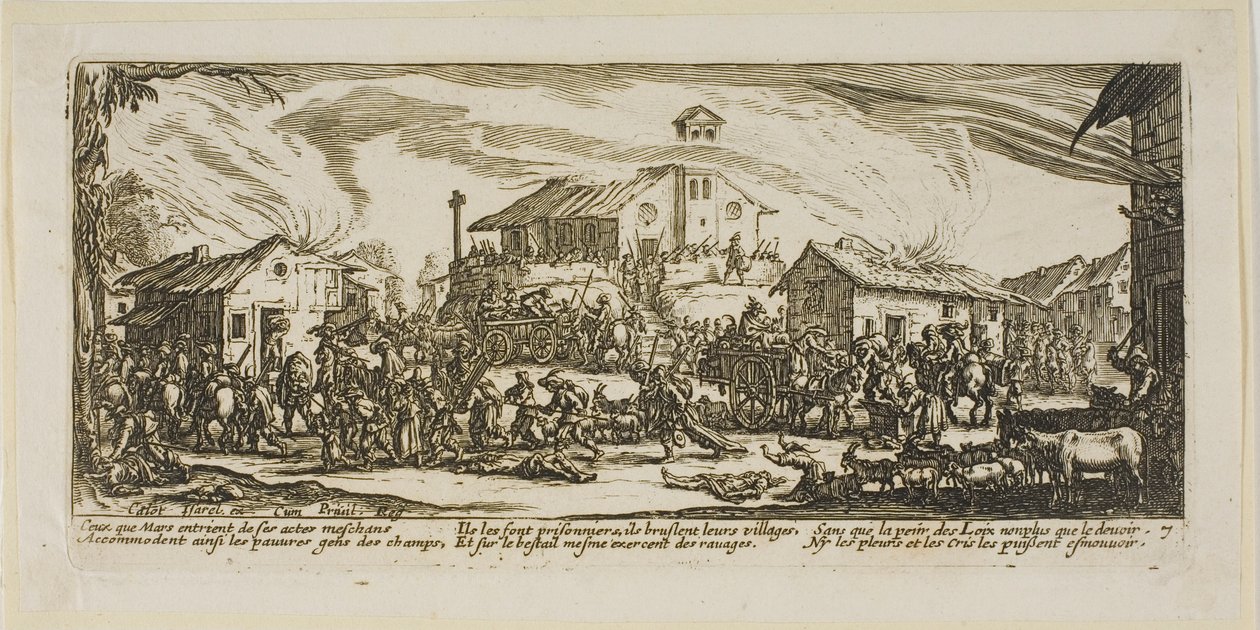 Kylän ryöstäminen ja polttaminen, seitsemäs osa teoksesta The Large Miseries of War (Sodan suuret kurjuudet). tekijältä Gerrit Lucasz van Schagen